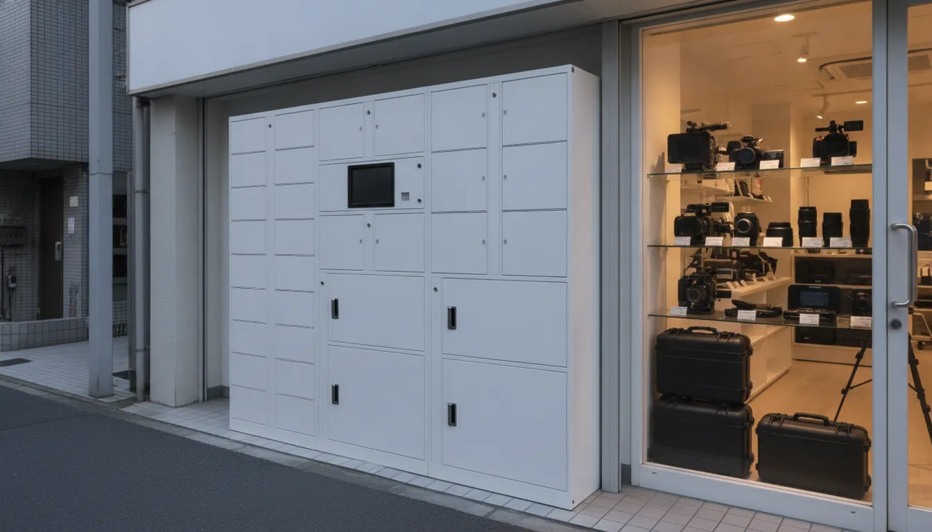 Illustrative image of smart lockers outside a video equipment rental shop