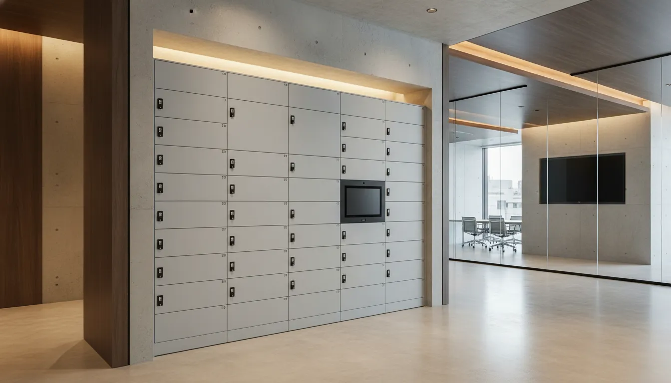 Illustrative image of smart lockers in a corporate headquarters lobby