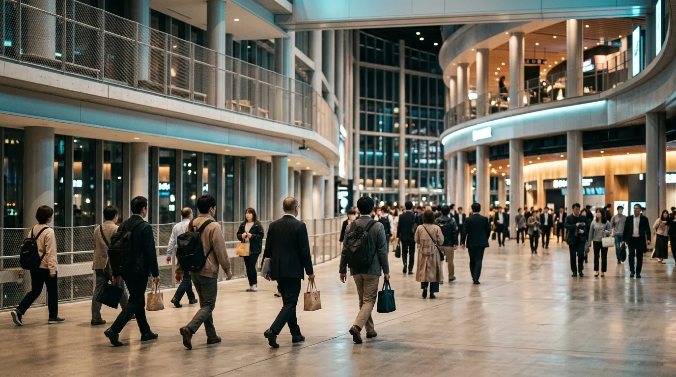 Visitors walking the concourse of a large venue
