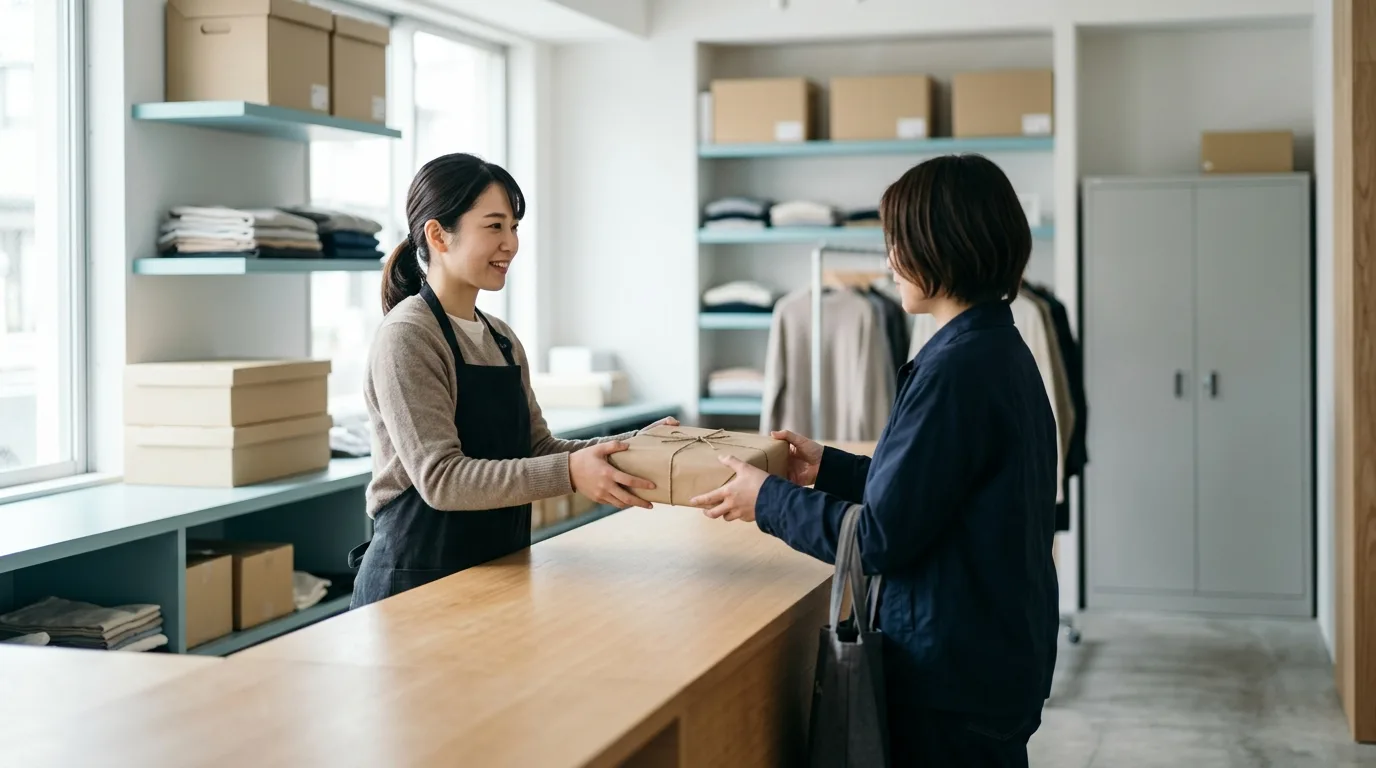 Handing over goods at a store counter