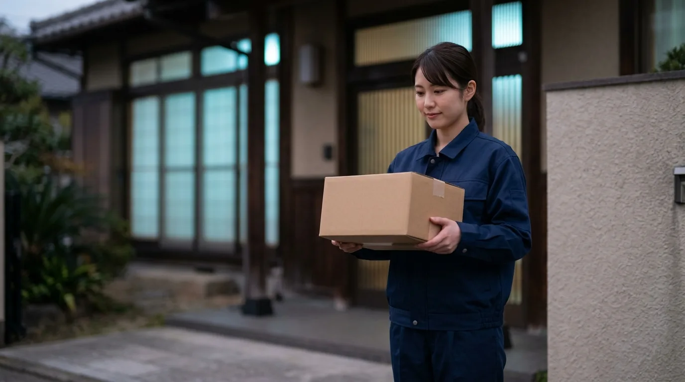 A courier delivering a package in a residential area