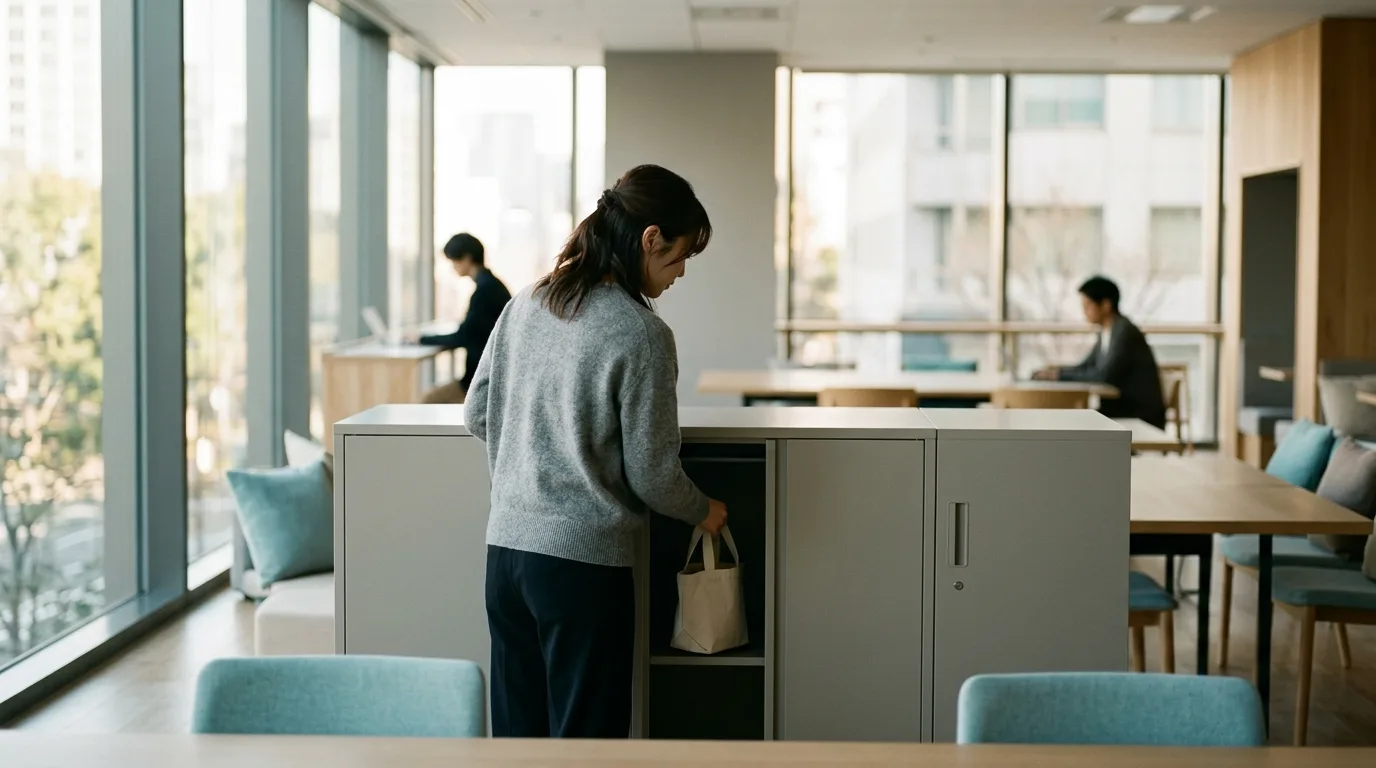Putting belongings away in a hot-desking office