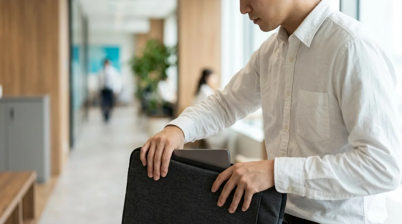 Picking up a laptop in an office