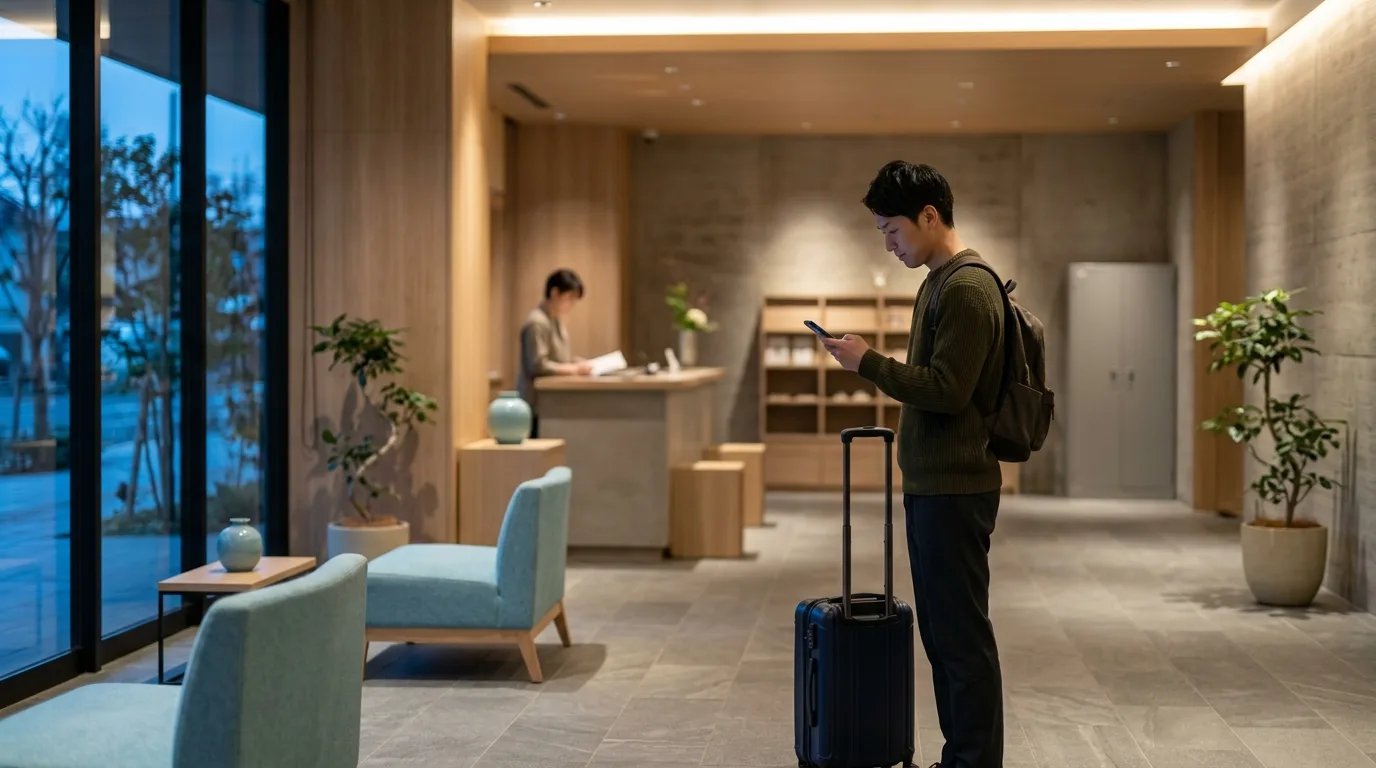 A guest looking at a smartphone in a hotel lobby