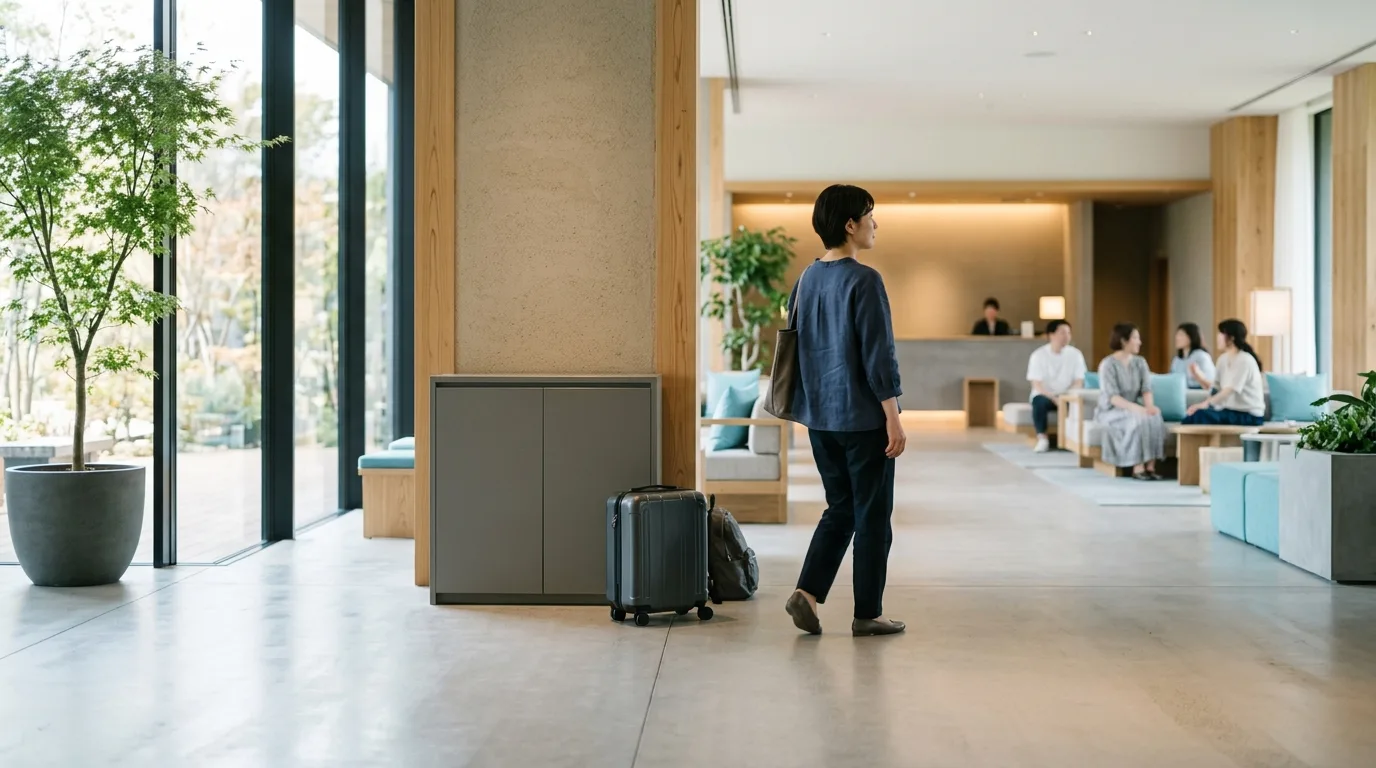 Placing a suitcase in a hotel lobby